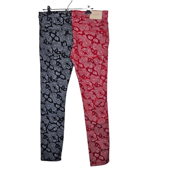 Valabasas Mens Paisley Print Slim Fit Pants 32 Red & Black Split Bandana Stretch - Picture 2 of 12